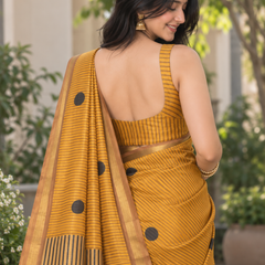 Mustard Yellow Pinstripe Polka Chanderi Saree