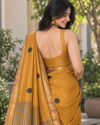 Mustard Yellow Pinstripe Polka Chanderi Saree