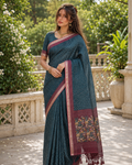 Teal Blue Bandhani Grid & Figurine Premium Silk Saree