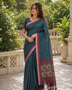Teal Blue Bandhani Grid & Figurine Premium Silk Saree