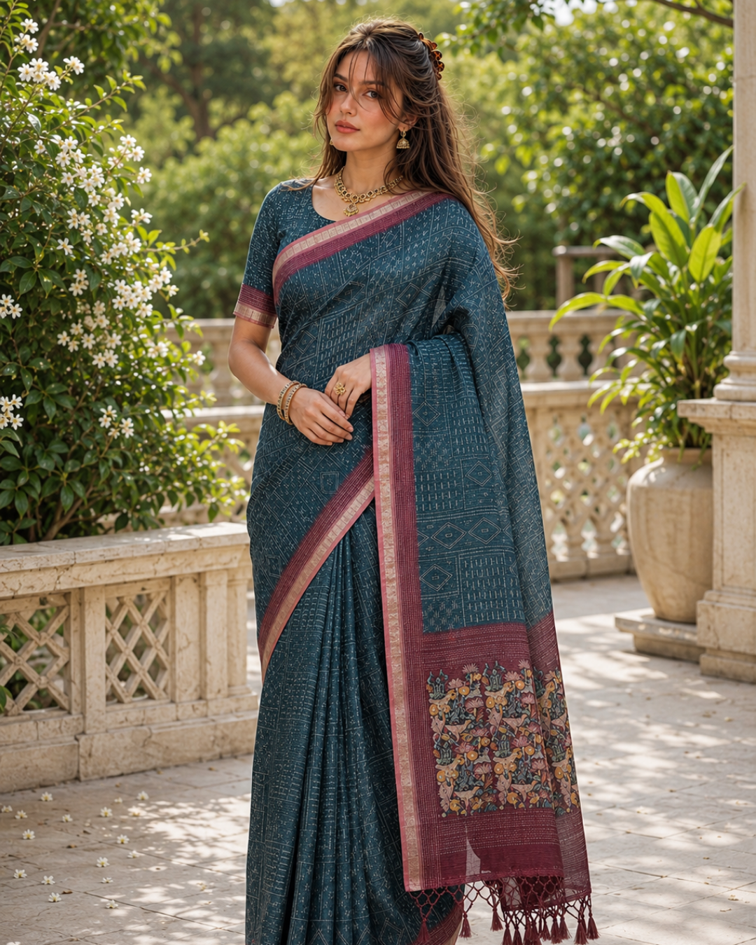 Teal Blue Bandhani Grid & Figurine Premium Silk Saree