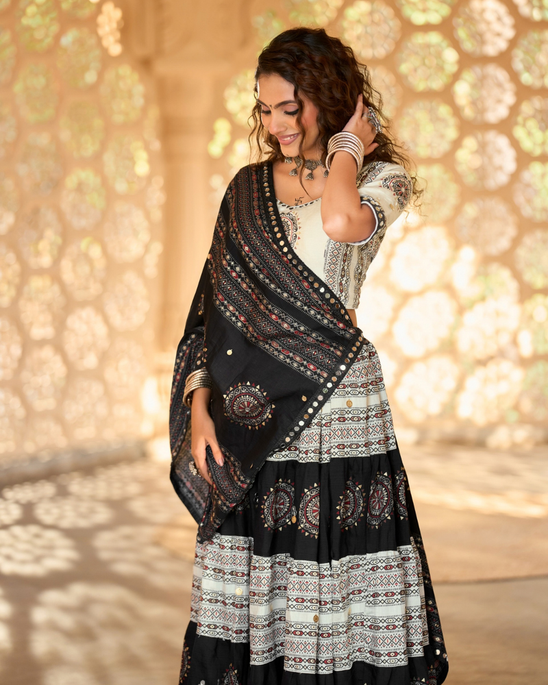 Monochrome Tribal Mirror Work Chaniya Choli