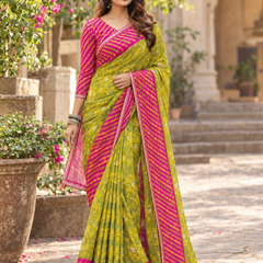 Lime Olive Bandhani Rani Pink Border Saree