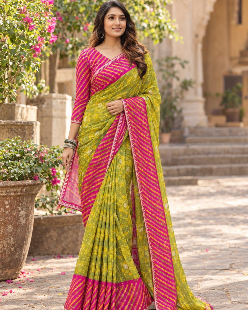 Lime Olive Bandhani Rani Pink Border Saree