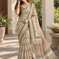 Olive Sage Floral Aztec Border Chanderi Saree