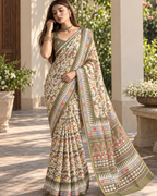 Olive Sage Floral Aztec Border Chanderi Saree