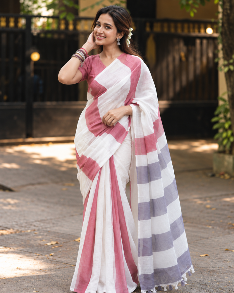 White & Crimson Red Multi-Stripe Block Linen Saree