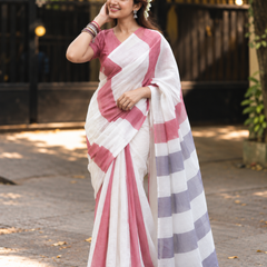 White & Crimson Red Multi-Stripe Block Linen Saree
