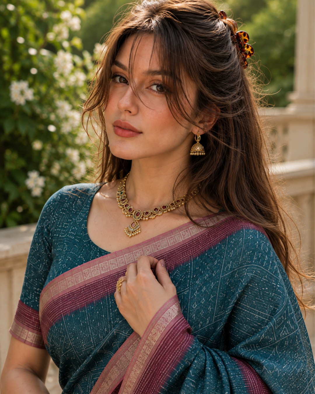 Teal Blue Bandhani Grid & Figurine Premium Silk Saree