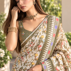 Olive Sage Floral Aztec Border Chanderi Saree