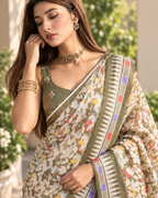 Olive Sage Floral Aztec Border Chanderi Saree