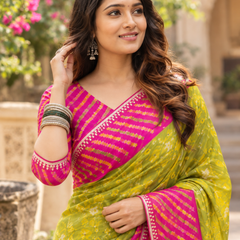 Lime Olive Bandhani Rani Pink Border Saree
