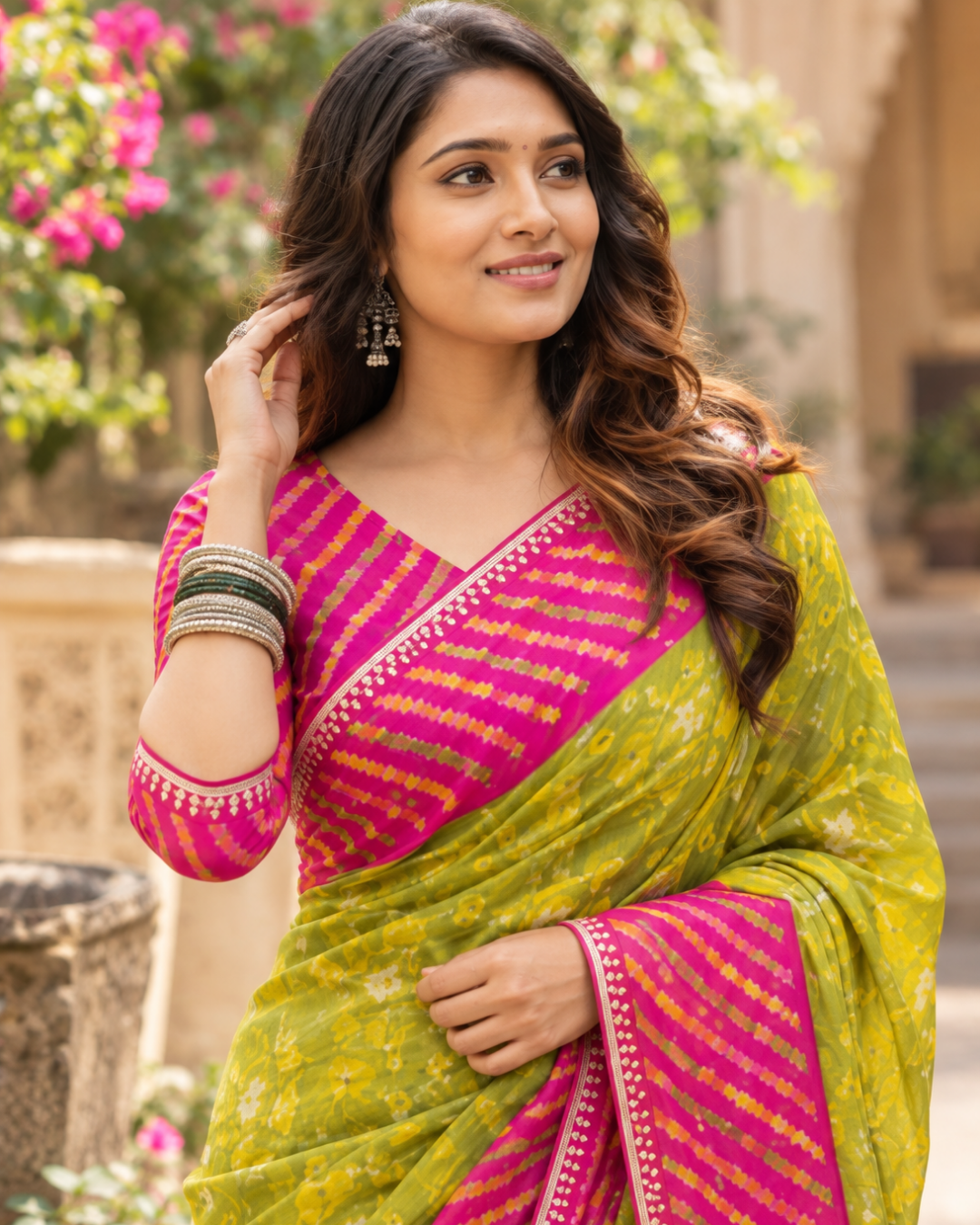 Lime Olive Bandhani Rani Pink Border Saree