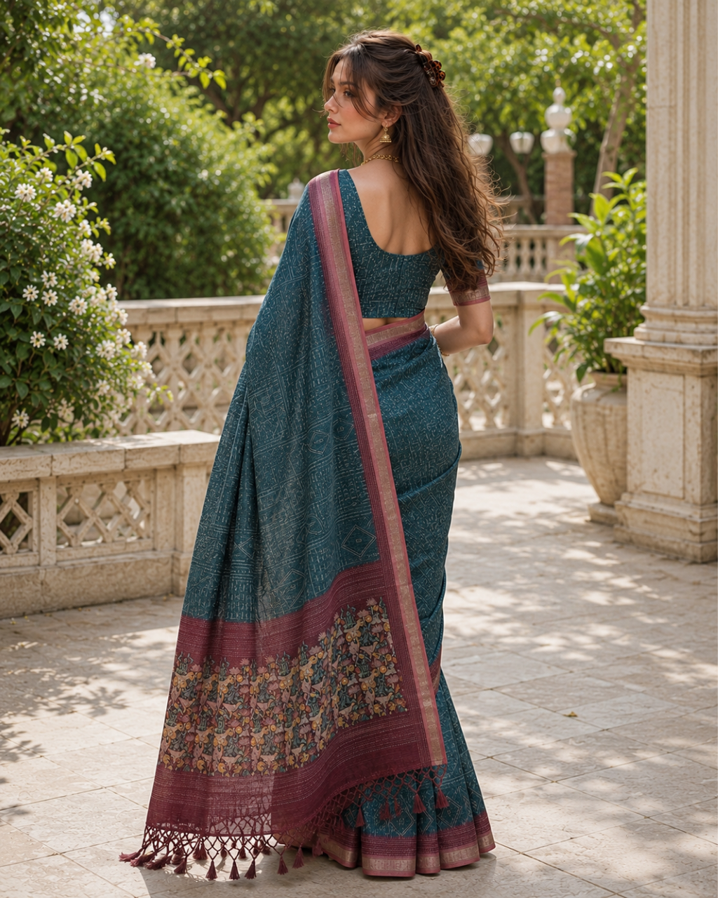 Teal Blue Bandhani Grid & Figurine Premium Silk Saree