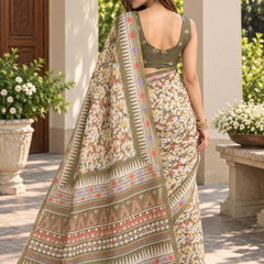 Olive Sage Floral Aztec Border Chanderi Saree
