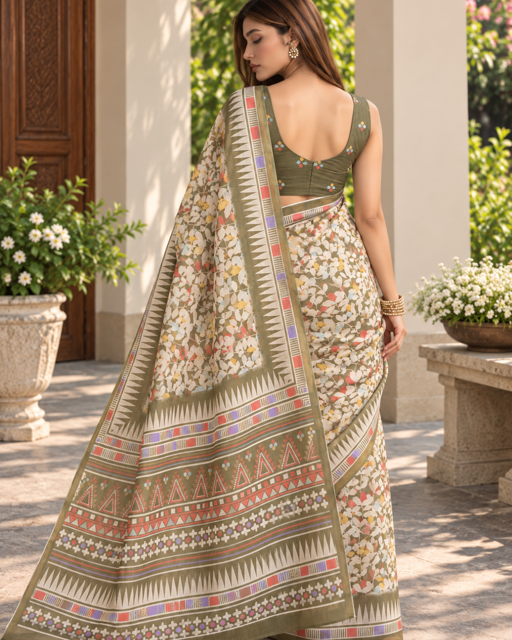 Olive Sage Floral Aztec Border Chanderi Saree