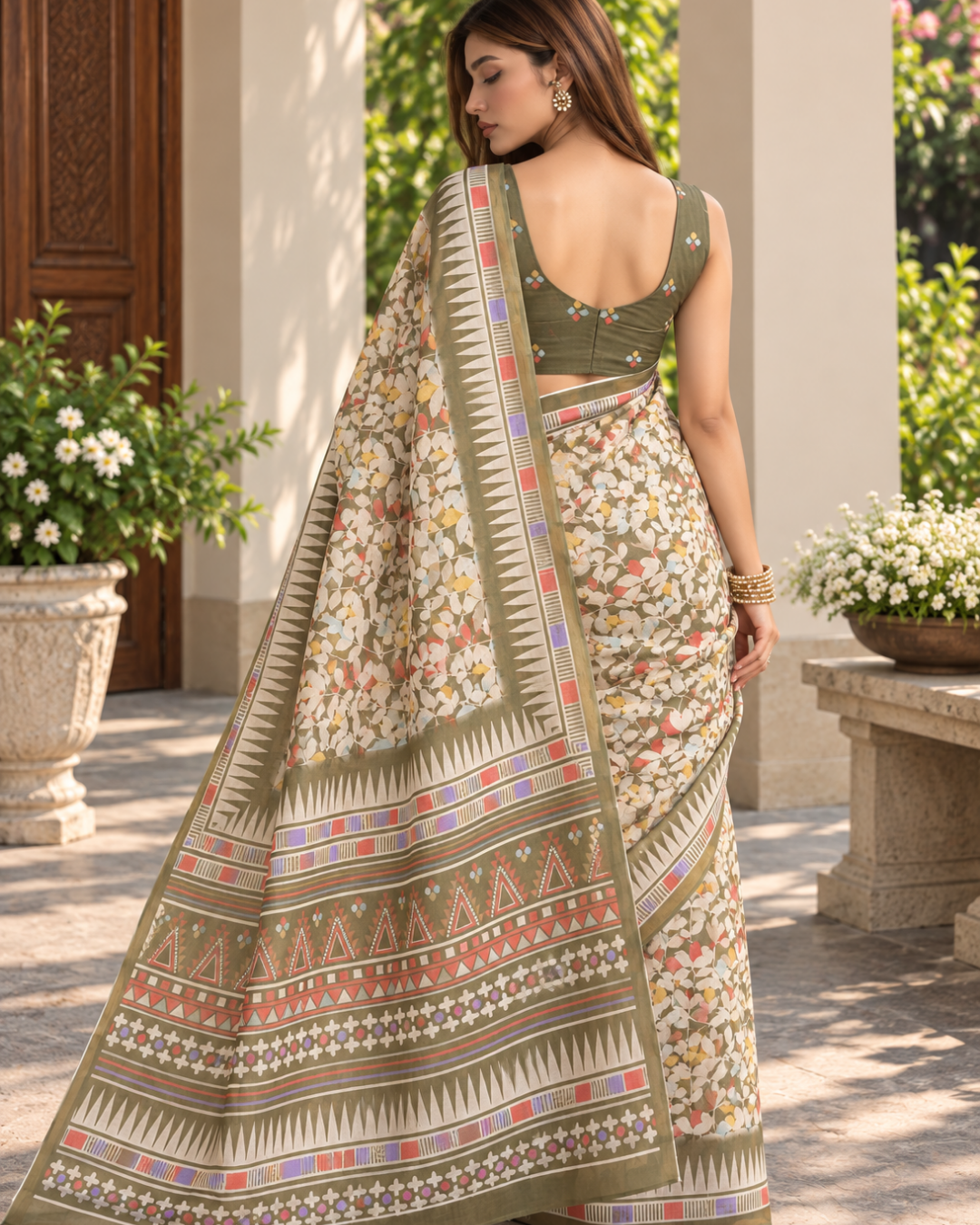 Olive Sage Floral Aztec Border Chanderi Saree