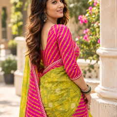 Lime Olive Bandhani Rani Pink Border Saree