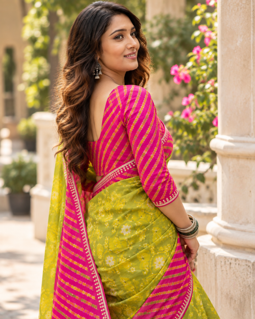 Lime Olive Bandhani Rani Pink Border Saree