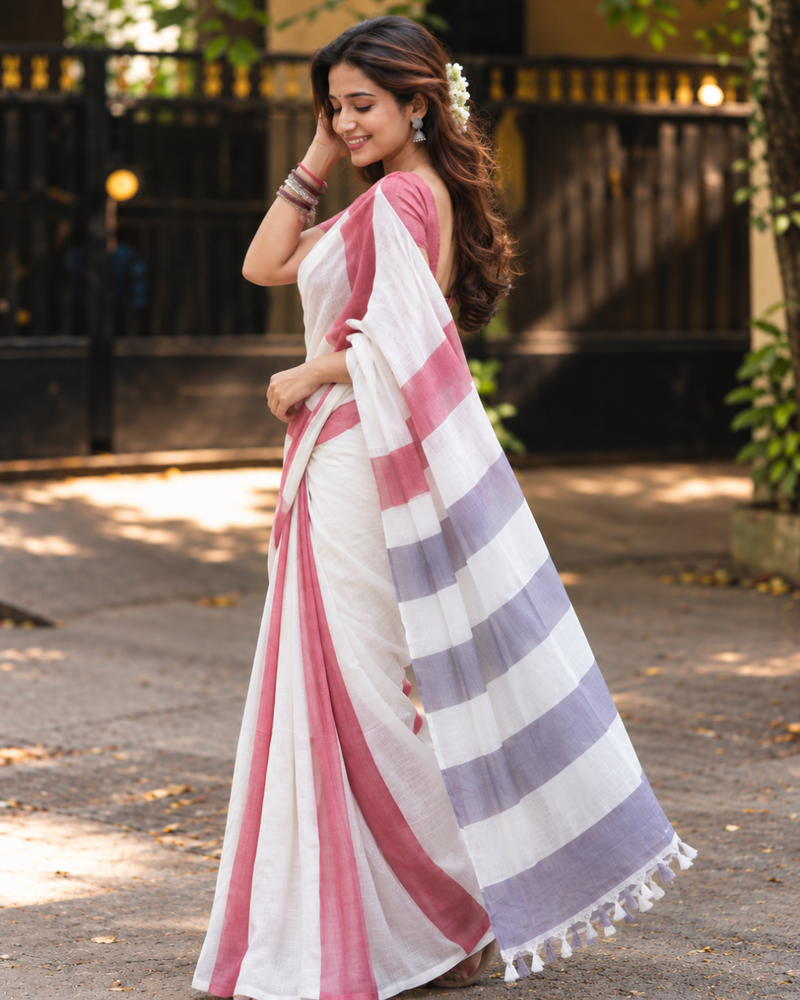 White & Crimson Red Multi-Stripe Block Linen Saree