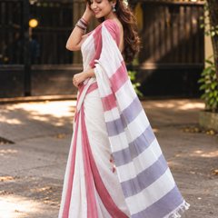 White & Crimson Red Multi-Stripe Block Linen Saree