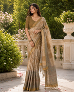 Beige Fawn Heritage Mosaic Block Premium Silk Saree