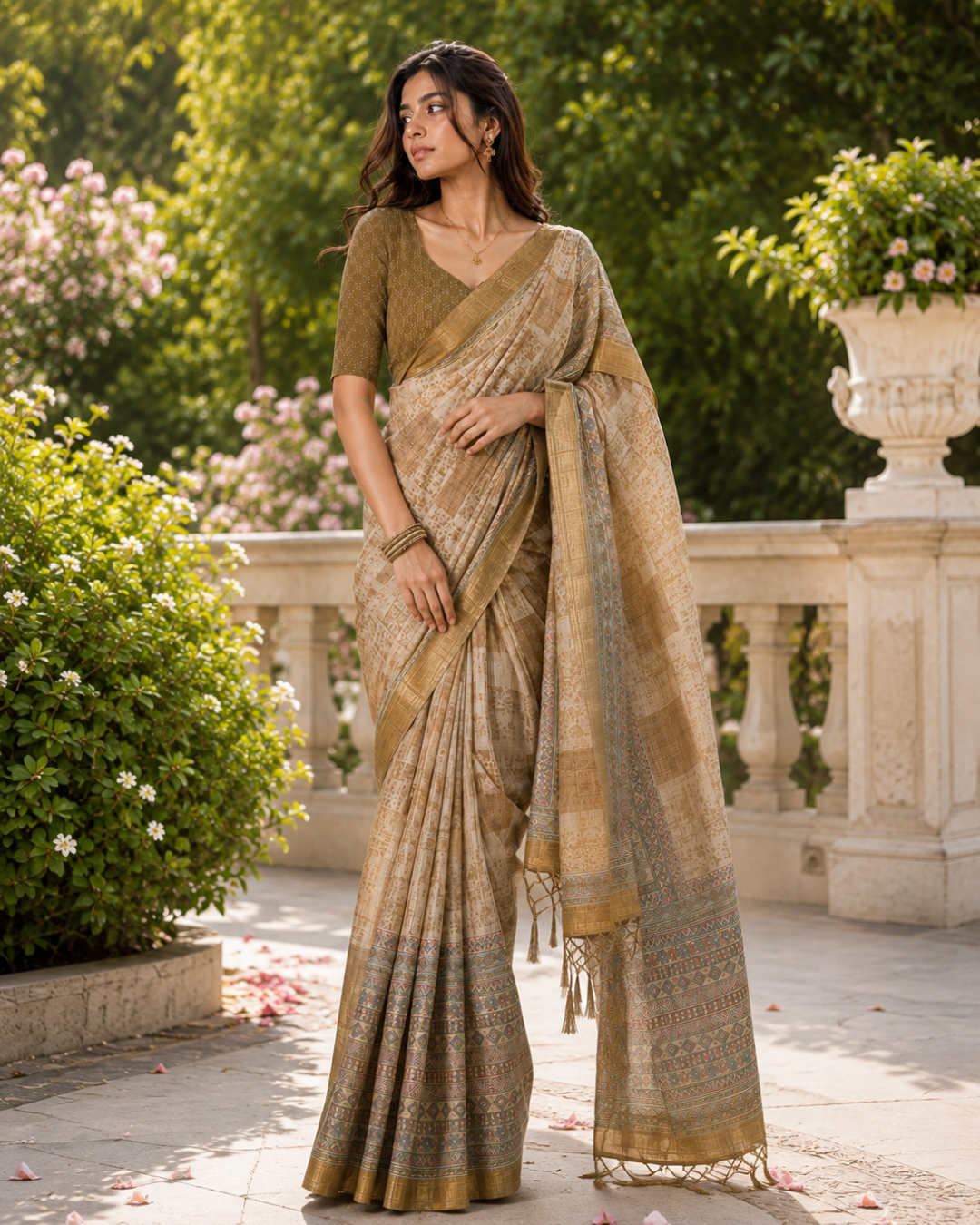 Beige Fawn Heritage Mosaic Block Premium Silk Saree