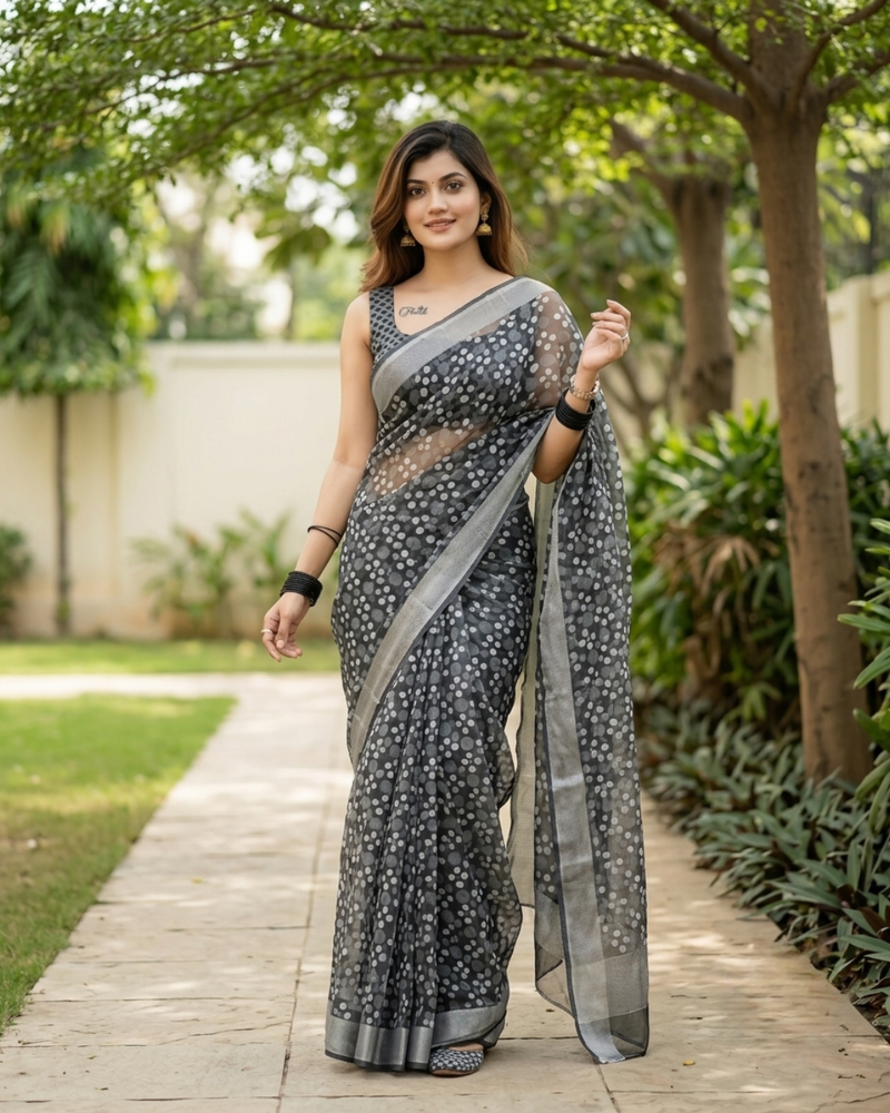 Charcoal Polka Dot Confetti Chanderi Saree