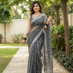 Charcoal Polka Dot Confetti Chanderi Saree
