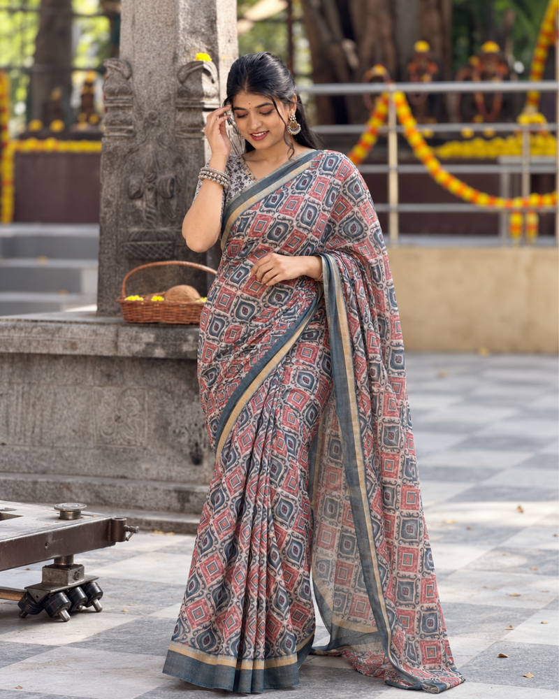 Indigo & Terracotta Ikat Geometric Linen Saree