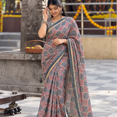 Indigo & Terracotta Ikat Geometric Linen Saree