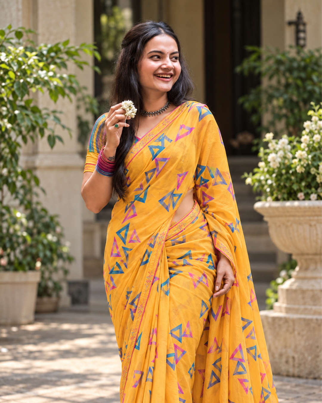 Mustard Yellow Geometric Triangle Block Saree