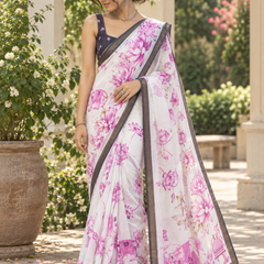 Ivory Magenta Lotus Garden Chanderi Saree