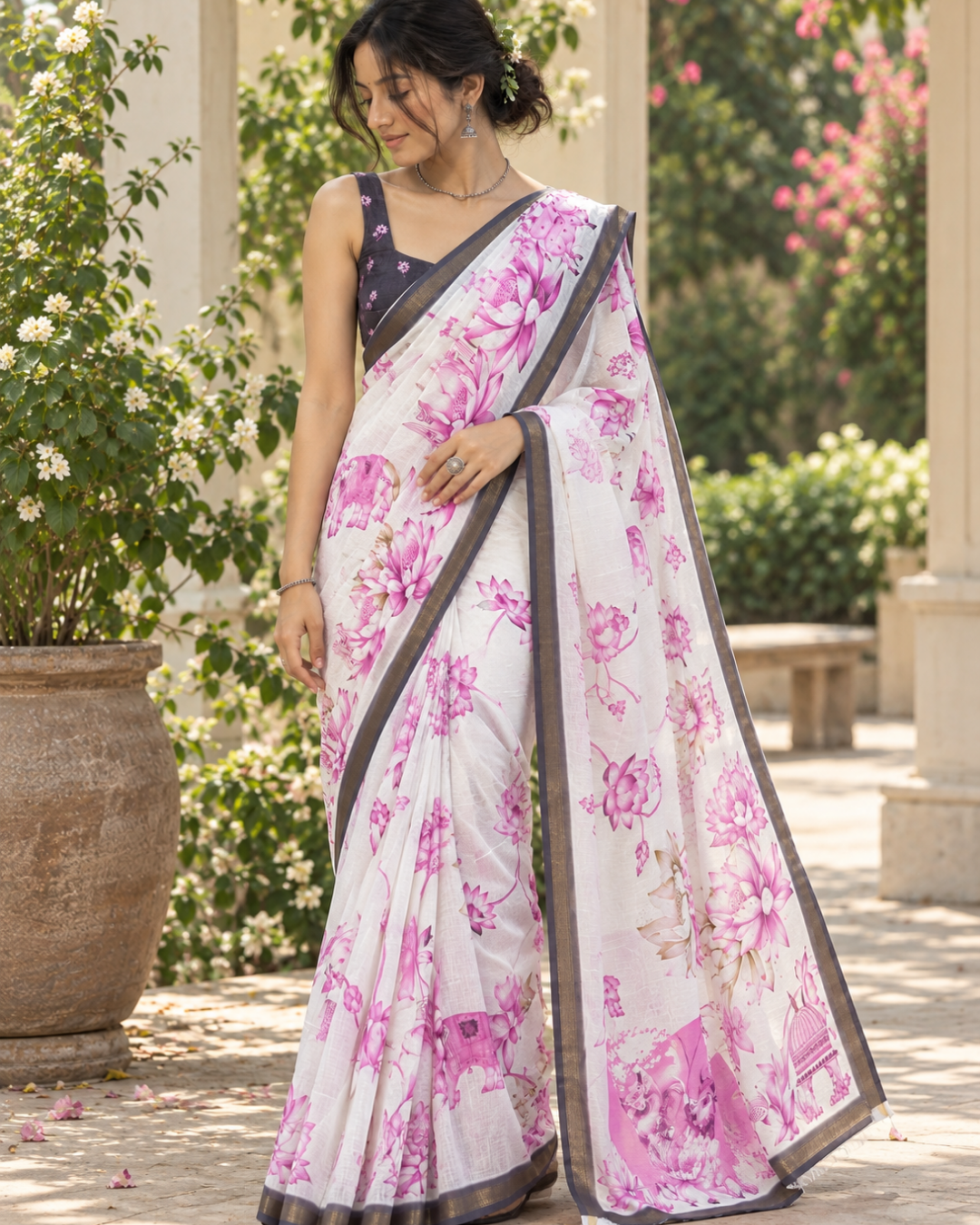 Ivory Magenta Lotus Garden Chanderi Saree