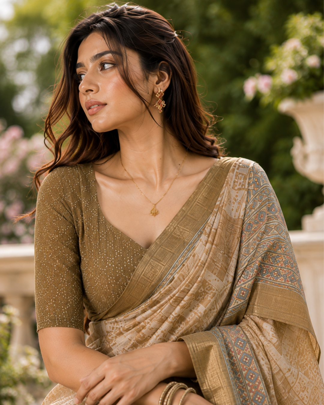 Beige Fawn Heritage Mosaic Block Premium Silk Saree