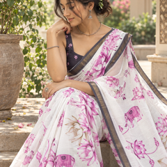 Ivory Magenta Lotus Garden Chanderi Saree