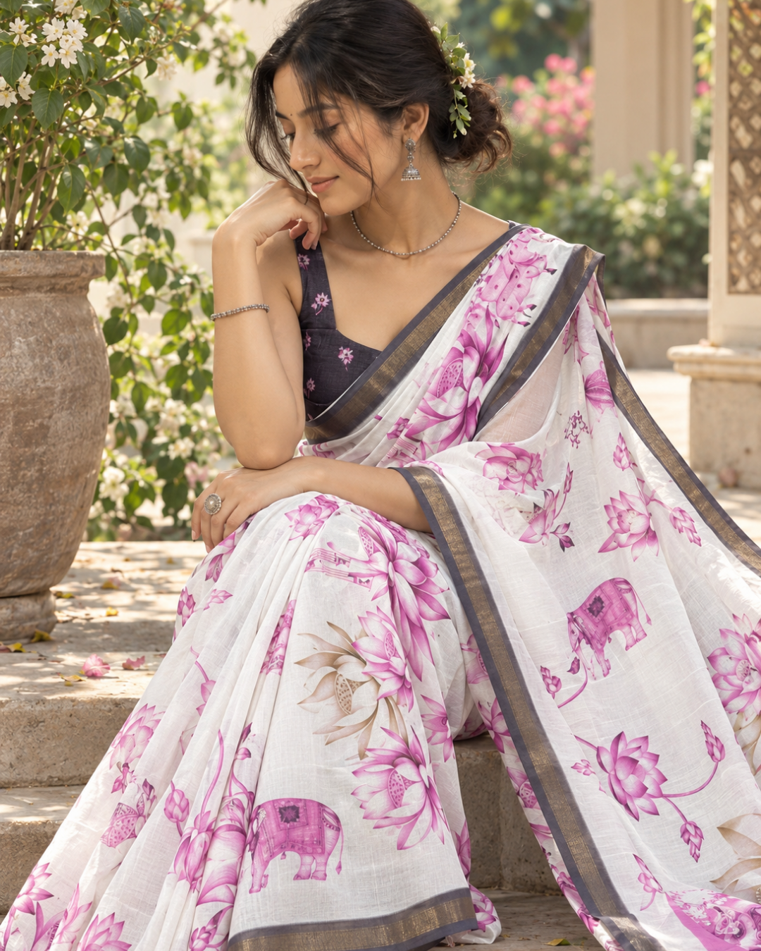 Ivory Magenta Lotus Garden Chanderi Saree
