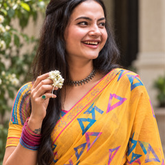 Mustard Yellow Geometric Triangle Block Saree