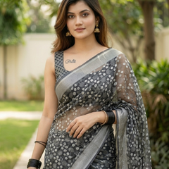 Charcoal Polka Dot Confetti Chanderi Saree
