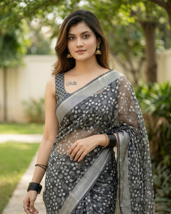 Charcoal Polka Dot Confetti Chanderi Saree