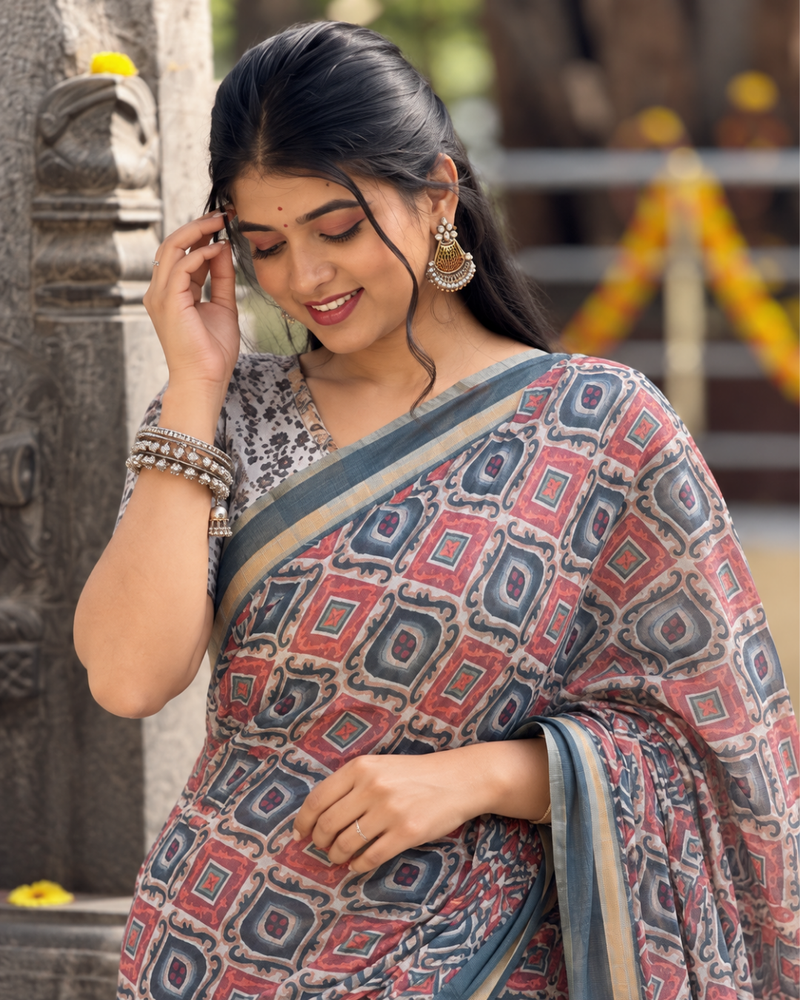 Indigo & Terracotta Ikat Geometric Linen Saree