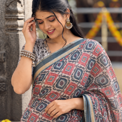 Indigo & Terracotta Ikat Geometric Linen Saree