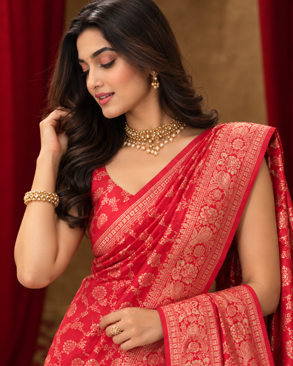 Crimson Red Golden Jaal Banarasi Silk Saree