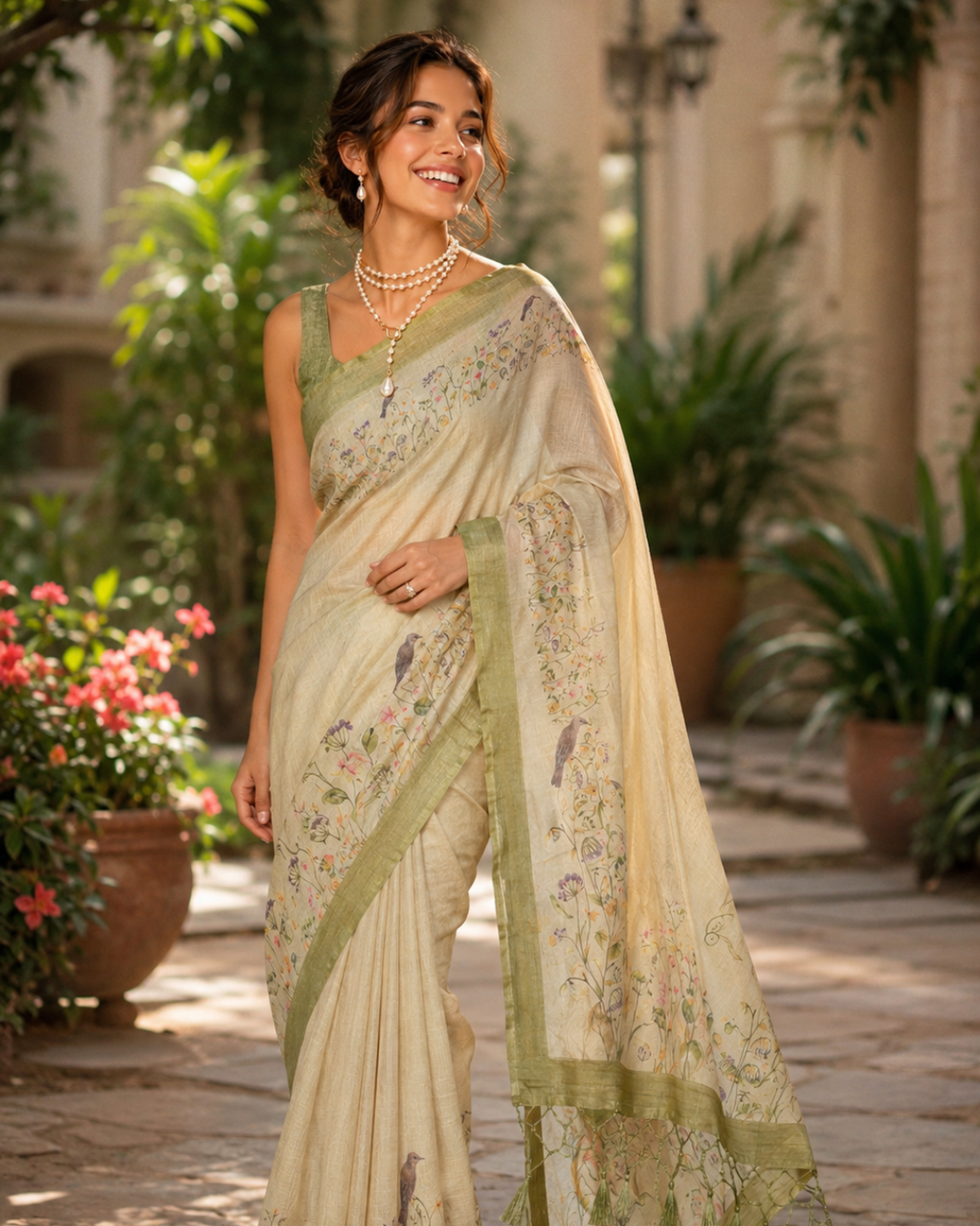 Cream Ivory Botanical Sparrow Vine Premium Silk Saree