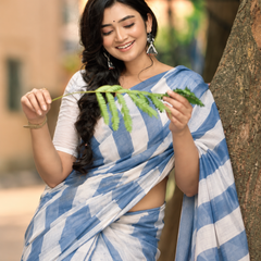 Dusty Blue & White Bold Chevron Striped Linen Saree