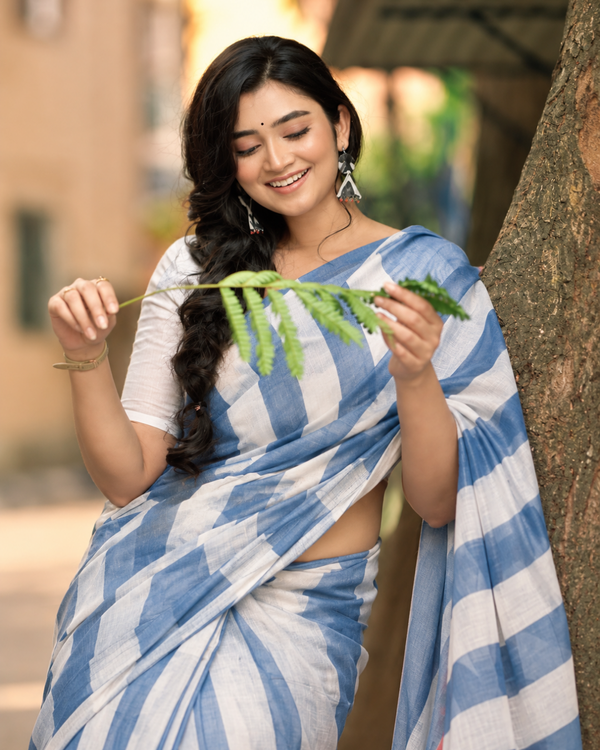 Dusty Blue & White Bold Chevron Striped Linen Saree