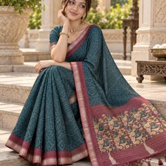 Teal Blue Bandhani Grid & Figurine Premium Silk Saree
