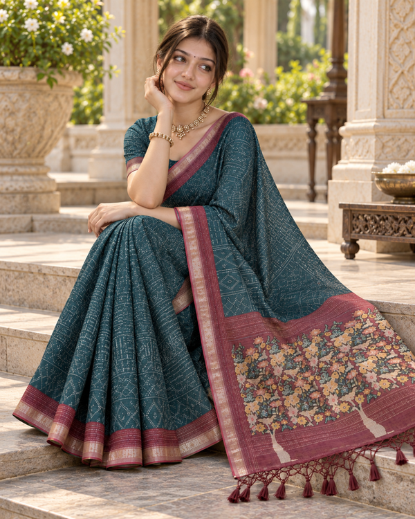 Teal Blue Bandhani Grid & Figurine Premium Silk Saree