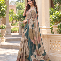 Taupe & Teal Abstract Botanical Leaf Premium Silk Saree