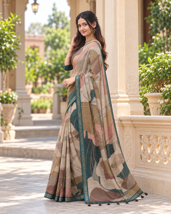 Taupe & Teal Abstract Botanical Leaf Premium Silk Saree